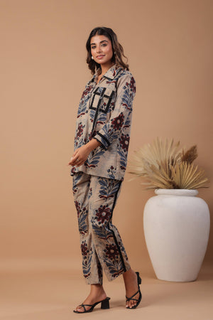 Brown block printed cotton coord set - Visramaa