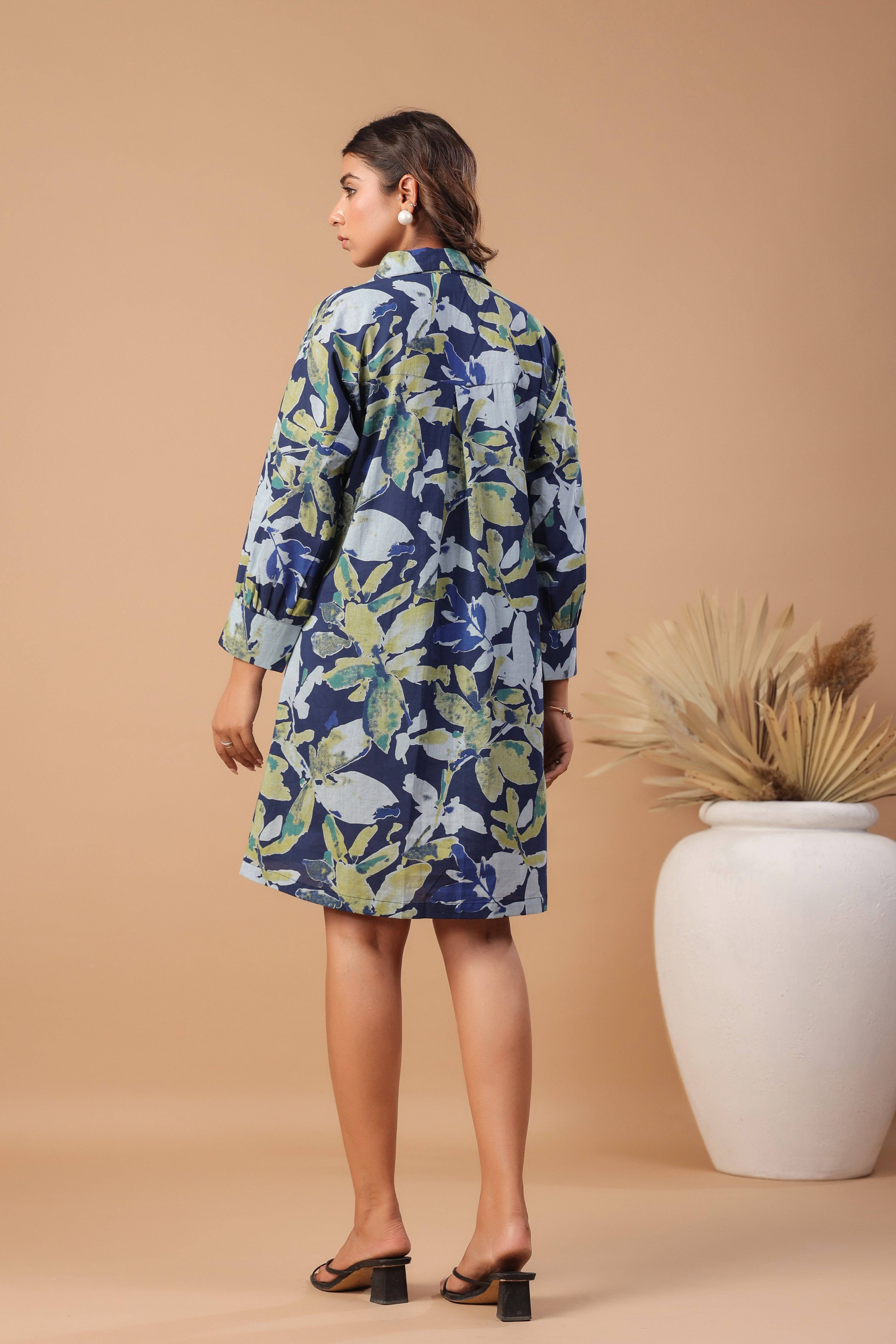 Navy blue floral printed cotton dress - Visramaa