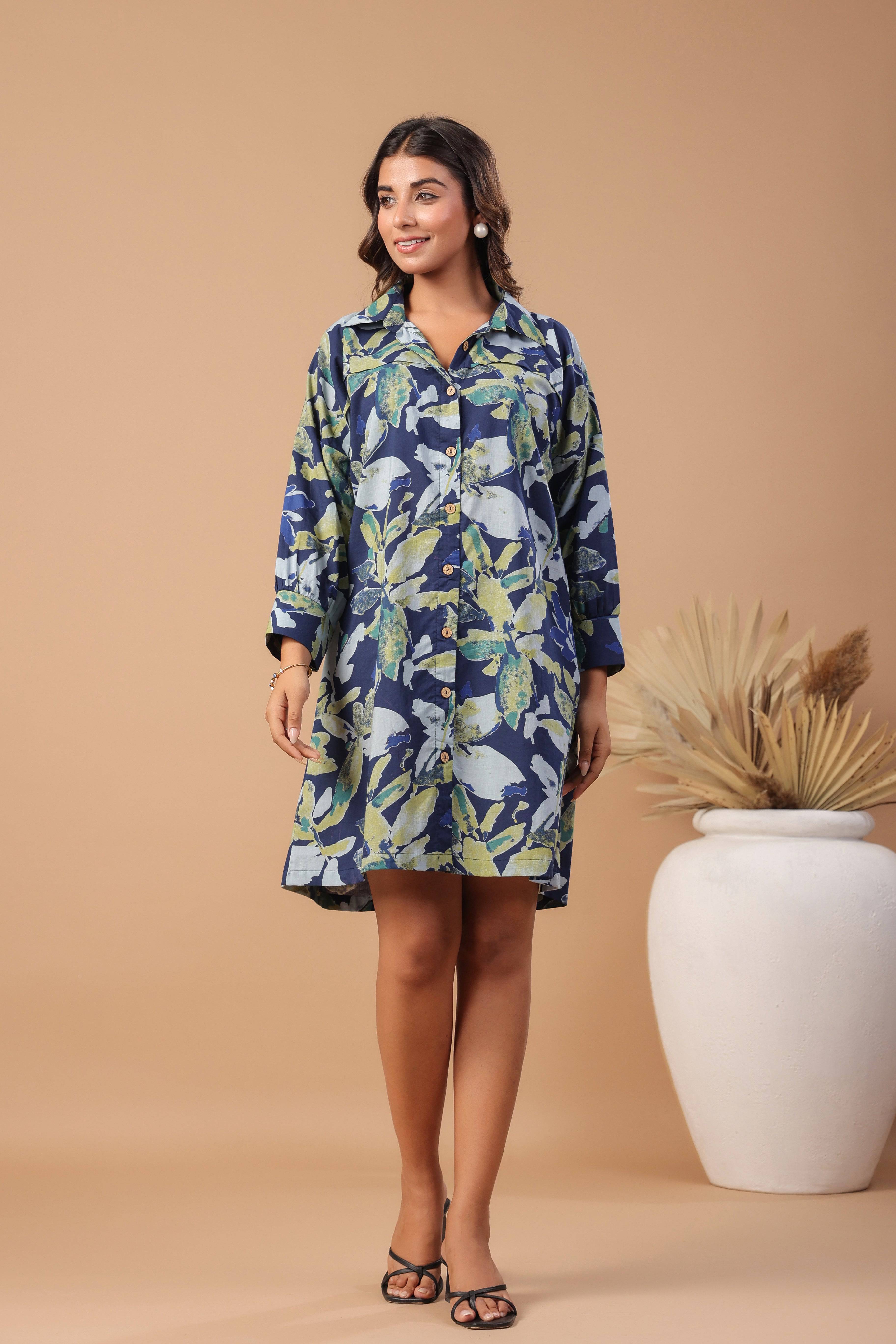 Navy blue floral printed cotton dress - Visramaa