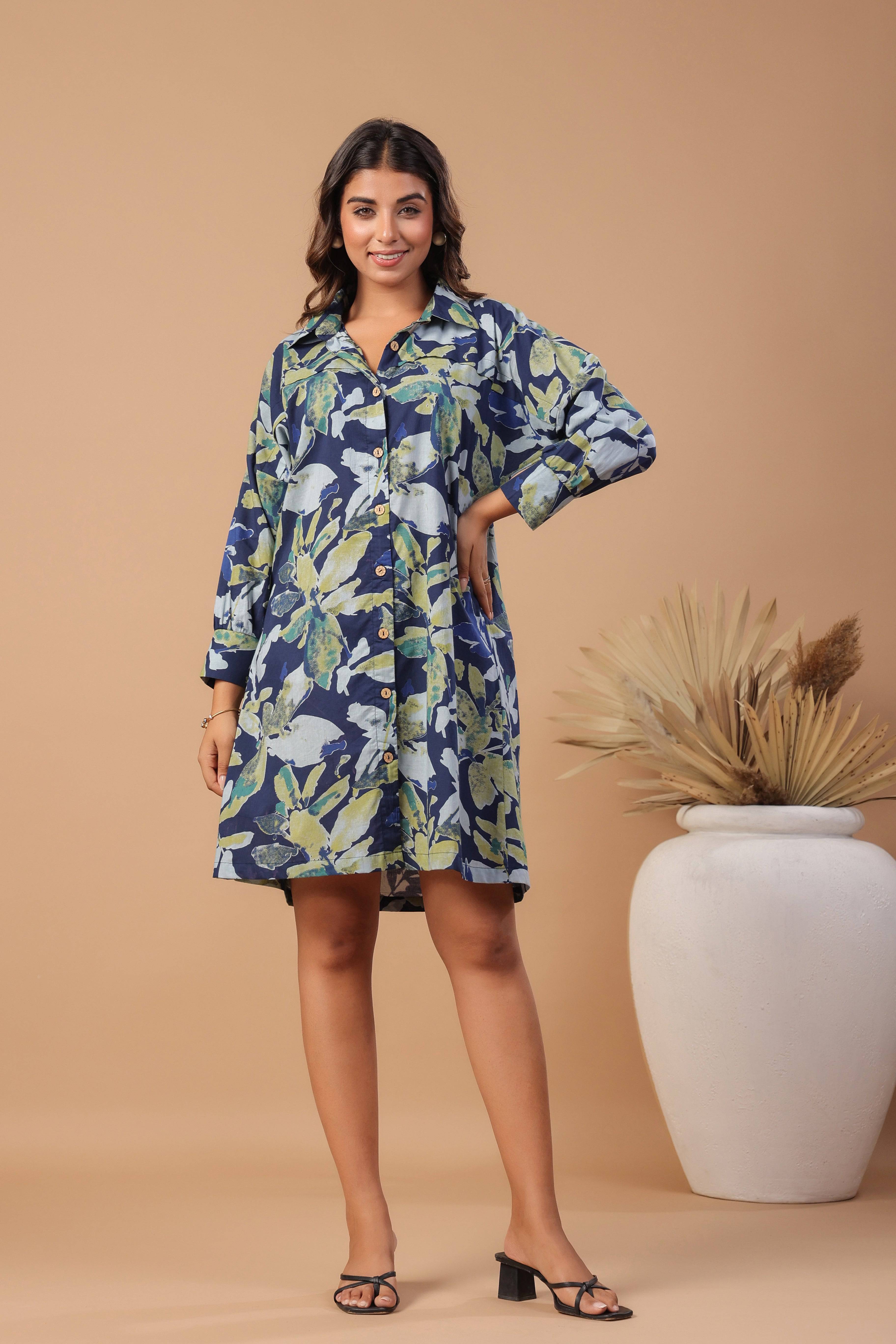 Navy blue floral printed cotton dress - Visramaa