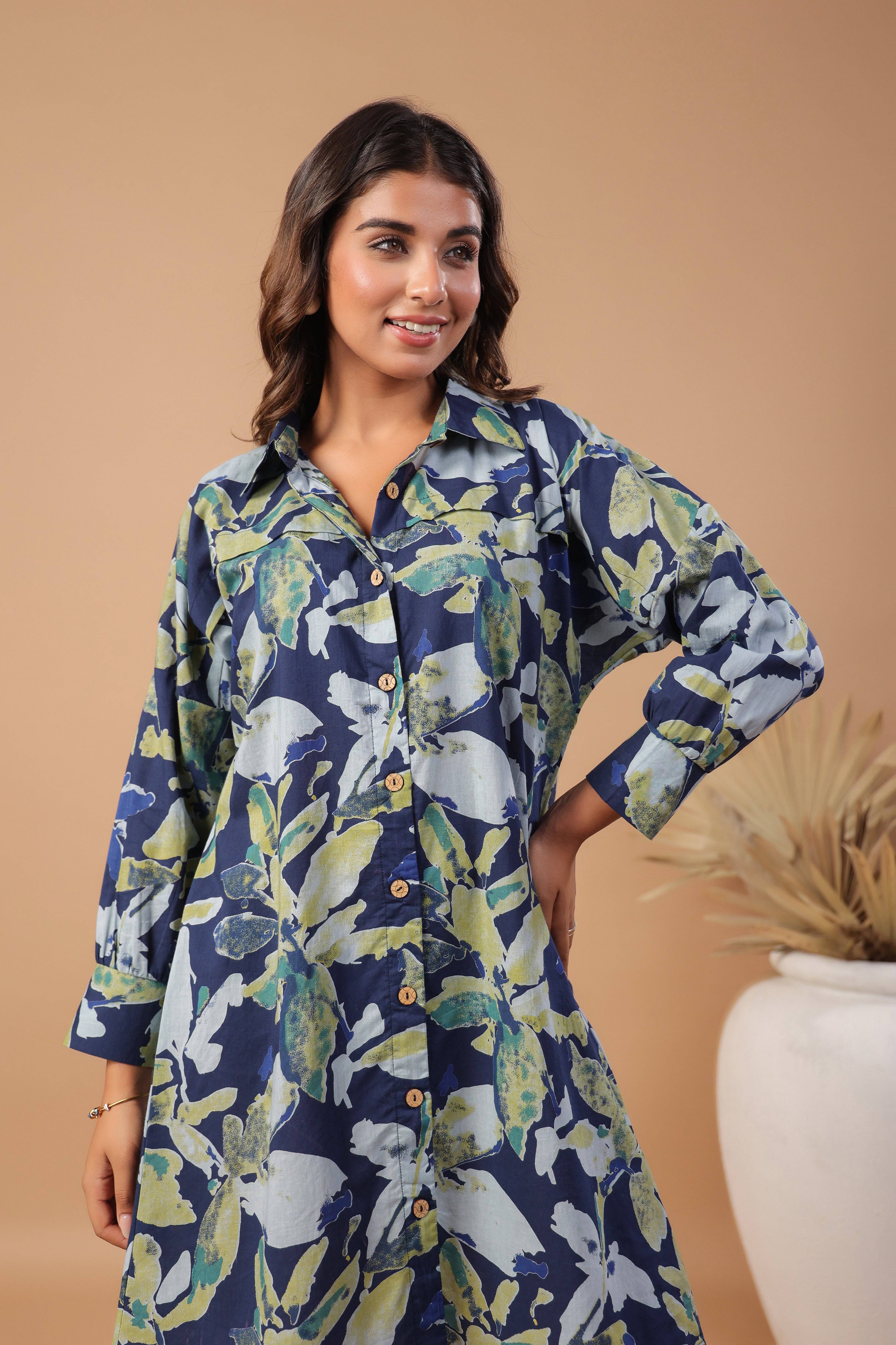 Navy blue floral printed cotton dress - Visramaa