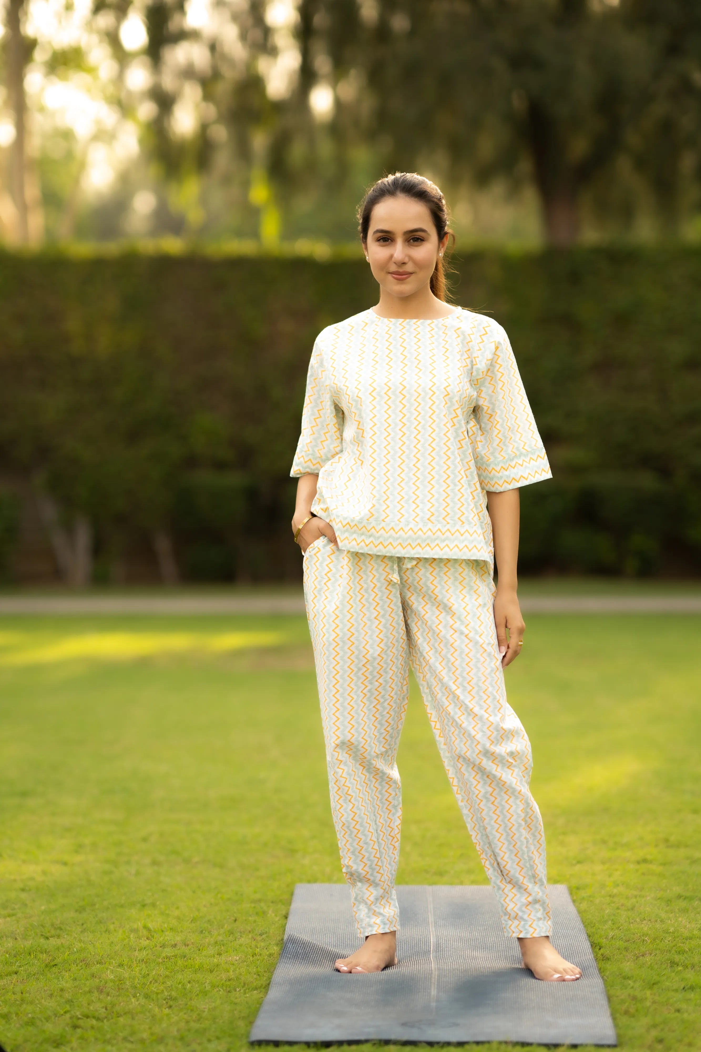 Sea green and saffron yoga set