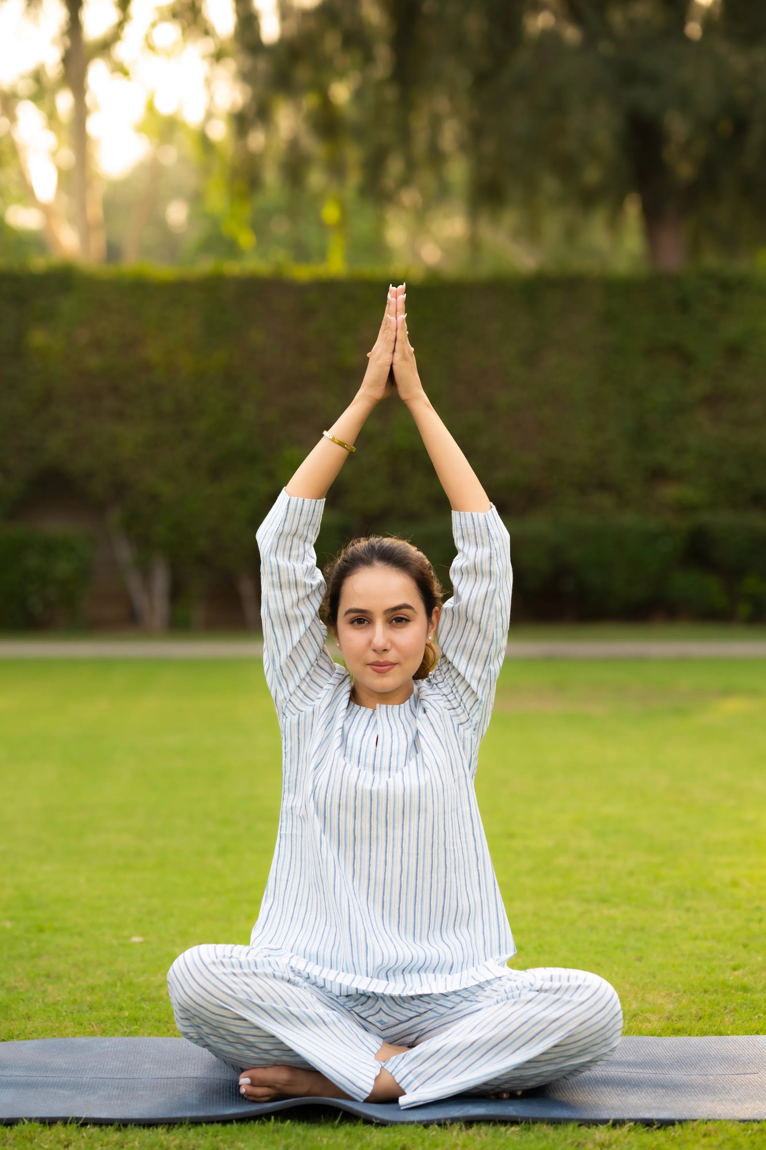 White & sky blue relaxed yoga set