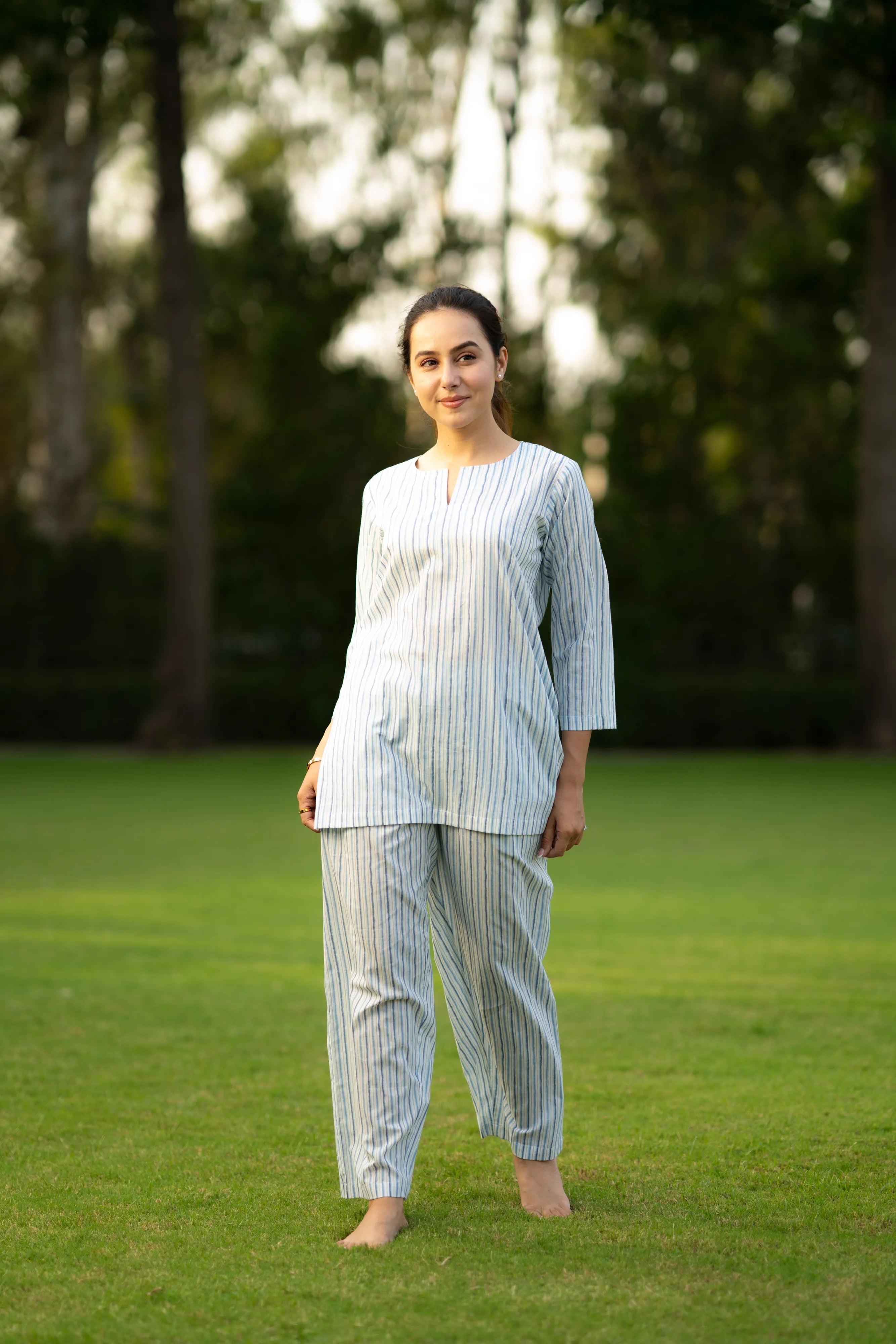 White & sky blue relaxed yoga set