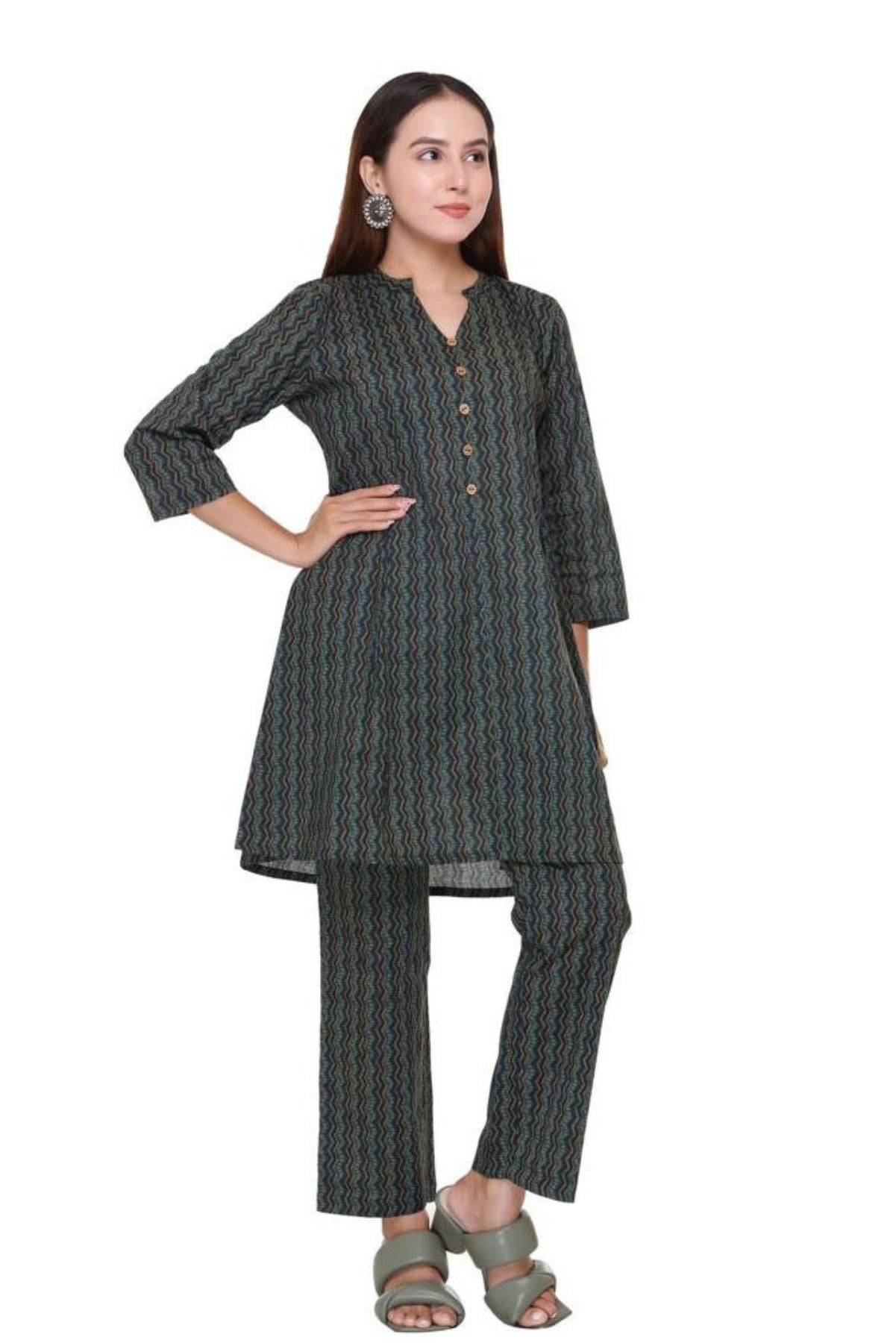 Peacock Green with zigzag Stripes Coord Set - Visramaa