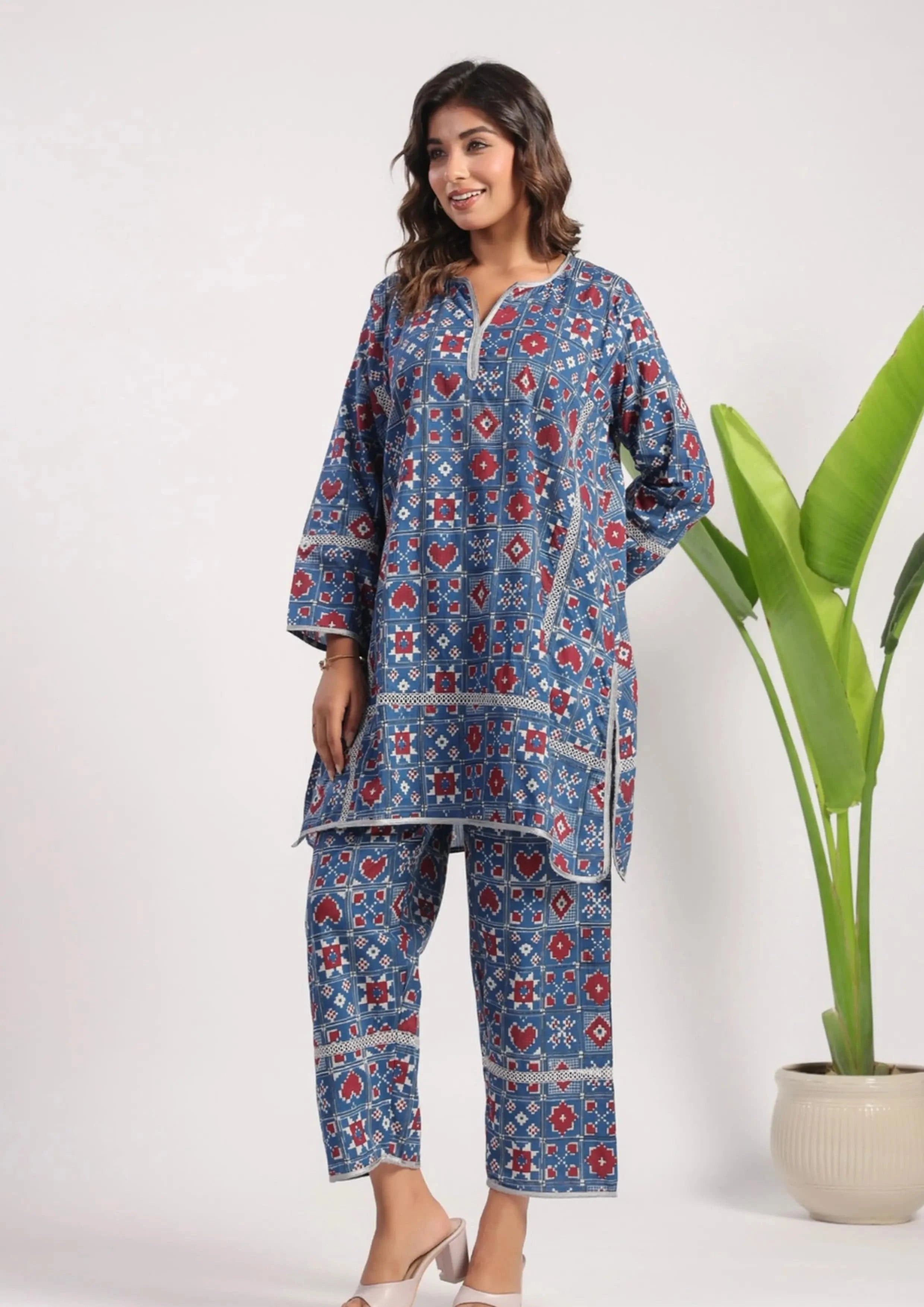 Blue Red Ajrak Print Coord Set - Visramaa