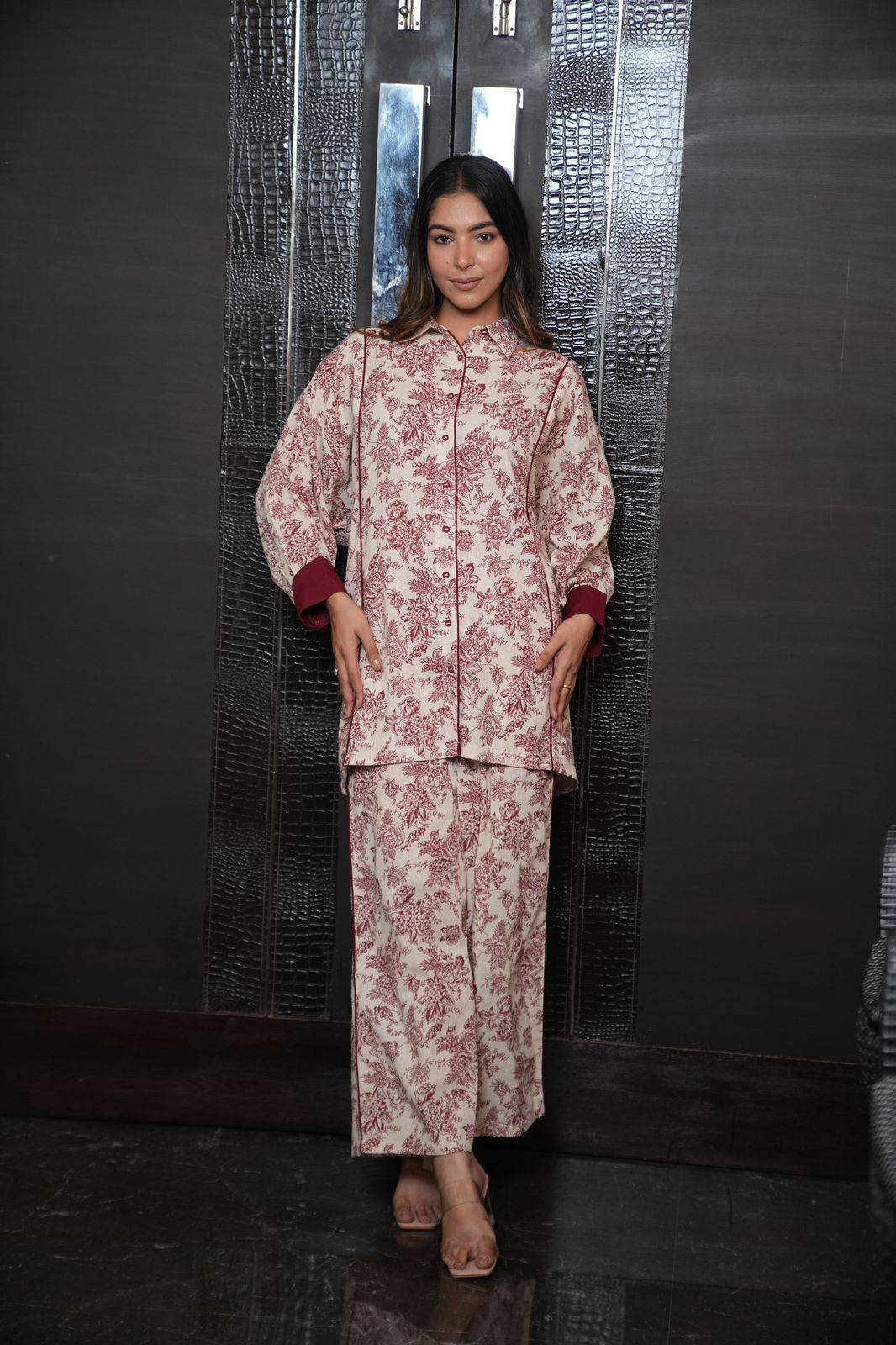 Maroon floral Anti fit linen set - Visramaa
