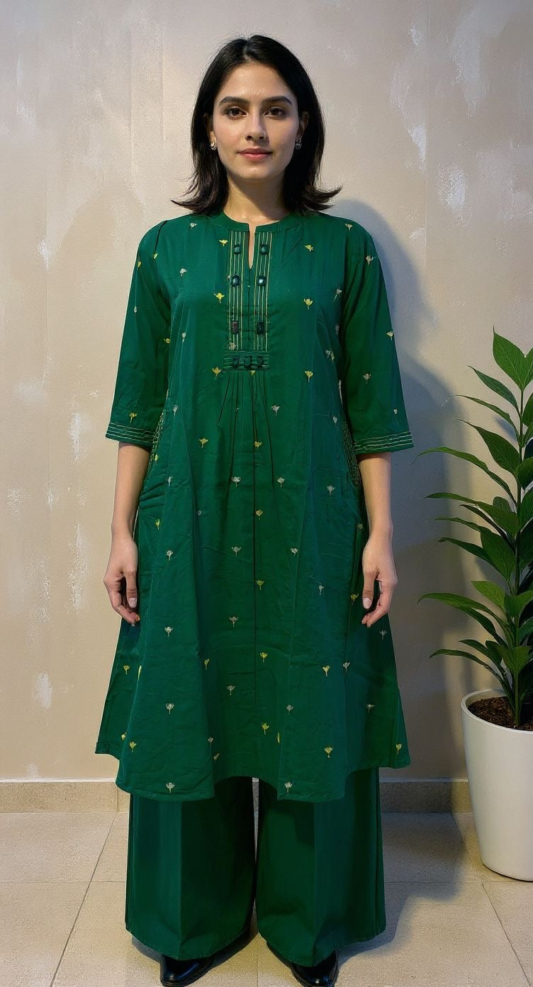 Emerald Green Embroidered Cotton Kurta Set